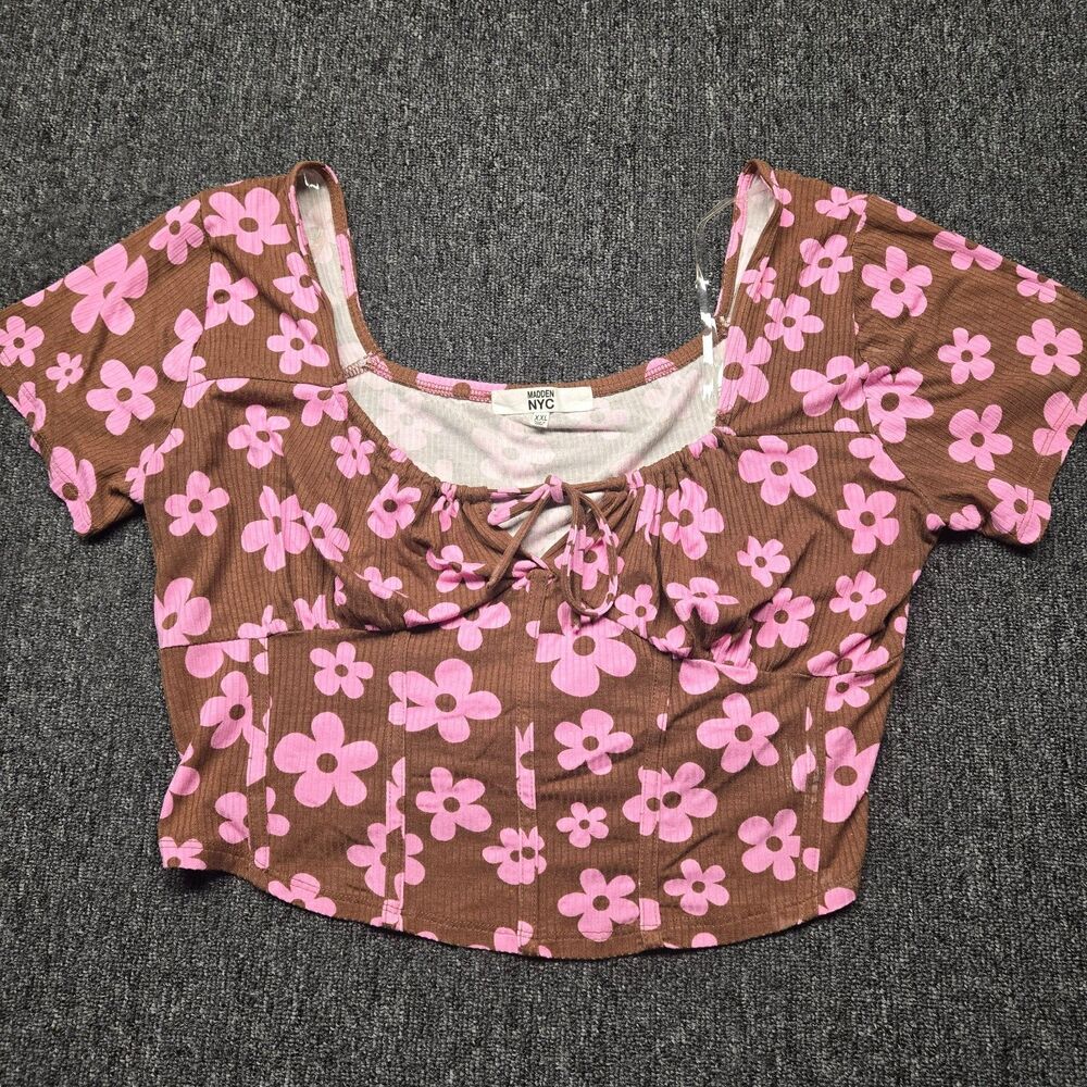 Madden NYC Womens Top XXL Brown Pink Floral Crop Corset Cami Bow Neck Tank Shirt